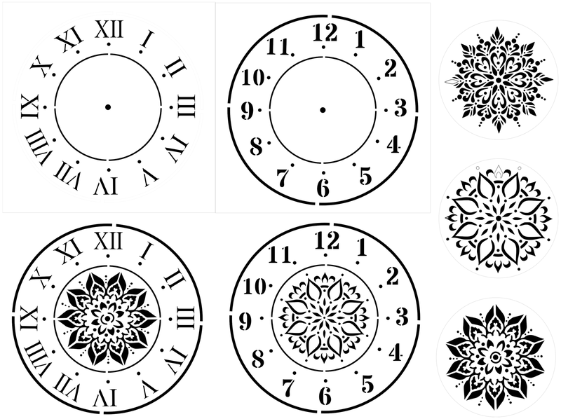 Beautiful Clock Design Stencil (30cm) with 3 Mandala stencils