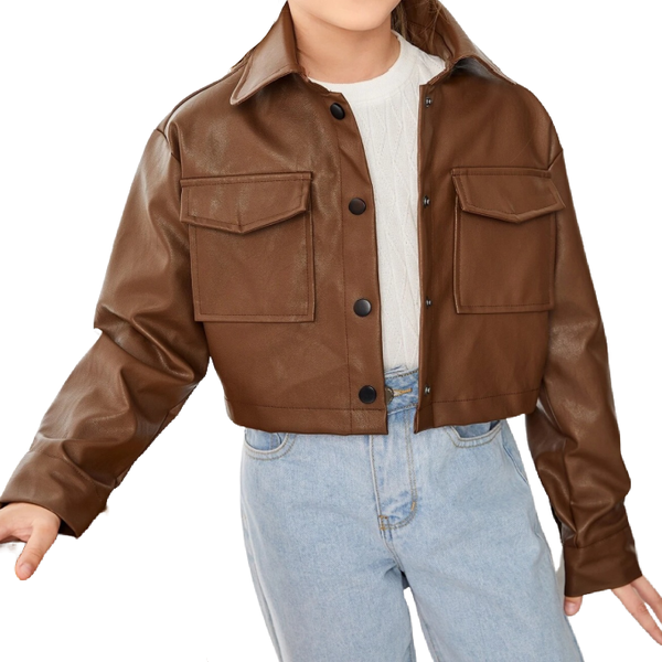 Girls Brown PU Short Long sleeved Pocket PU Leather Jacket