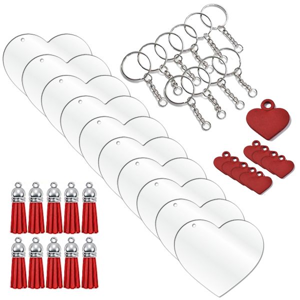 Clear Acrylic Blank Heart Keyring Red Tassel Kit with Red Charms