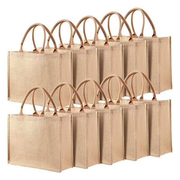 10-Piece Set of Large Hemp Tote Bags Jute Handbag DIY Shopping-37x27x17cm