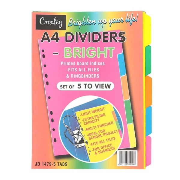 Croxley Board File Dividers Rainbow Bright Plain Tab 5 A4 Div1479 x 4