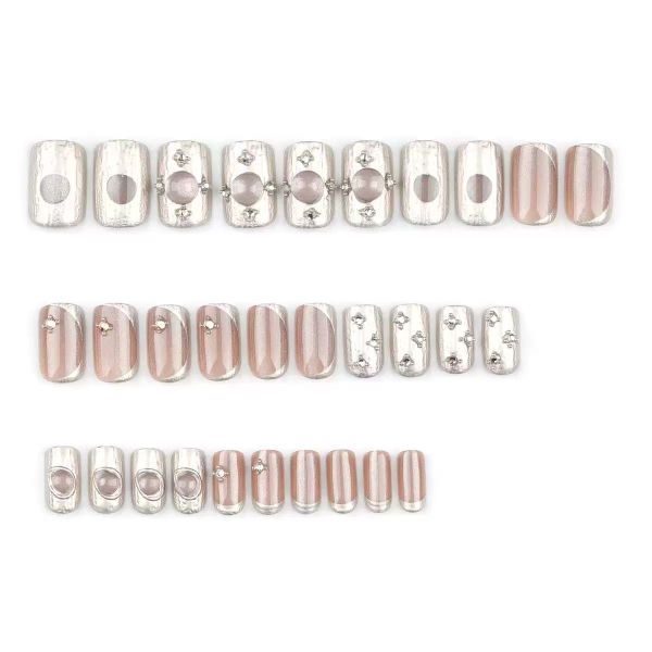 Cat Eye Rhinestone Pink Nail Art With 3D Decorative False Nails