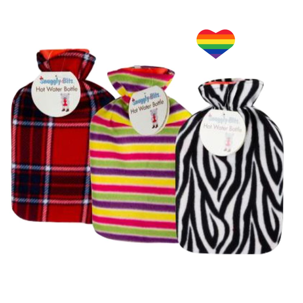 Printed Fleece Hot Water Bottles with Heart Sticker - Set Of 3
