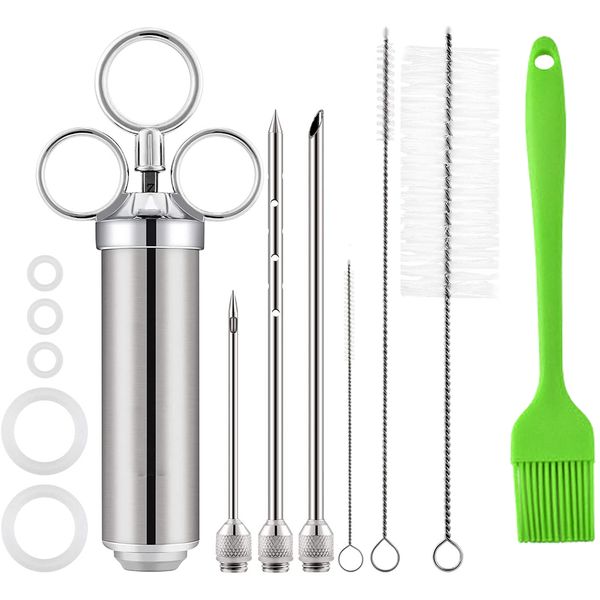 Meat Seasoning Syringe Kit with 3 Needles, 4 Brushes &amp; 5 Spare O-ring Seals