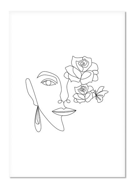 Wall Art Line Art - Abstract Face with Flowers