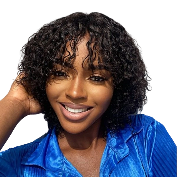 Short Curly Human Hair Wig with Bangs Water Wave Glueless Bob Wig Wear Wig