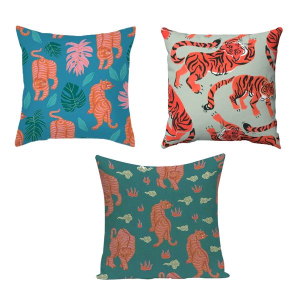 Home Cushion Square Double Sided Tiger Cushion Cover - 45cm Set Of 3