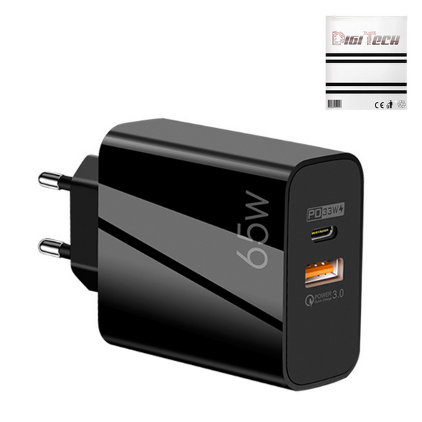 DigiTech USB Wall Charger/ Adapter - 65W - 2 Port Fast Charge - USB A + C