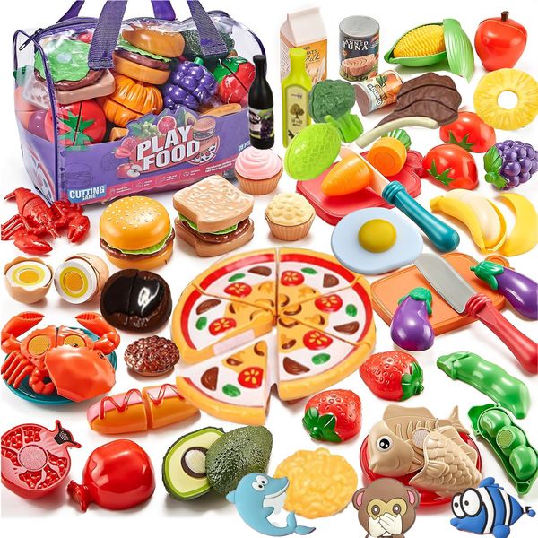 Kitchen Pretned Play Cutting Toy Set w/ Food Valcro Veg Fruits (82 Pcs)