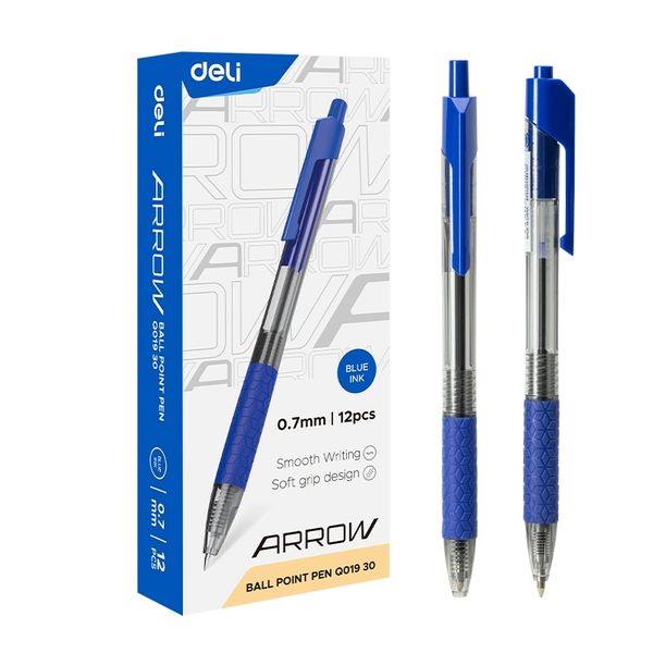 Deli ARROW Retractable Ballpoint Pen 0.7mm Blue Ink 12PCS