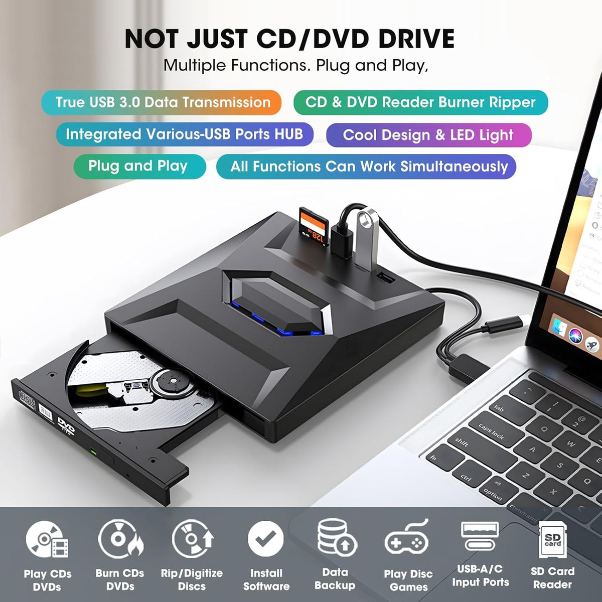 External CD DVD Drive USB 3.0 & USB-C CD ROM Burner DVD Player