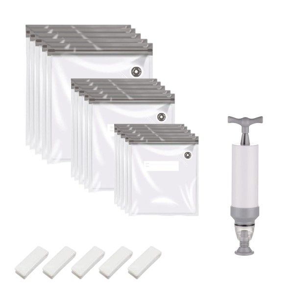 20 piece -Reusable Vacuum Sealer Zipper Bags Set With Clips &amp; Hand Pump -Grey