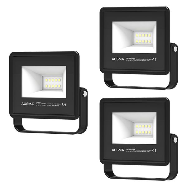 AUSMA 3 Pack 10W LED Flood Light Outdoor IP66 Waterproof Exterior Lights