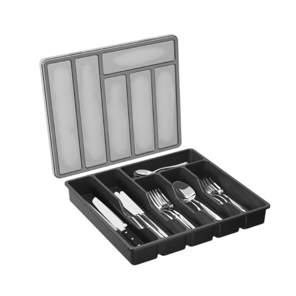 Cutlery Tray with Lid Storage Box for Kitchen Drawer and Countertop Plastic