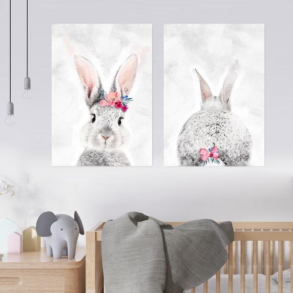 Grey &amp; Pink Bunny - A2 - Canvases - 3.5cm -Set Of 2