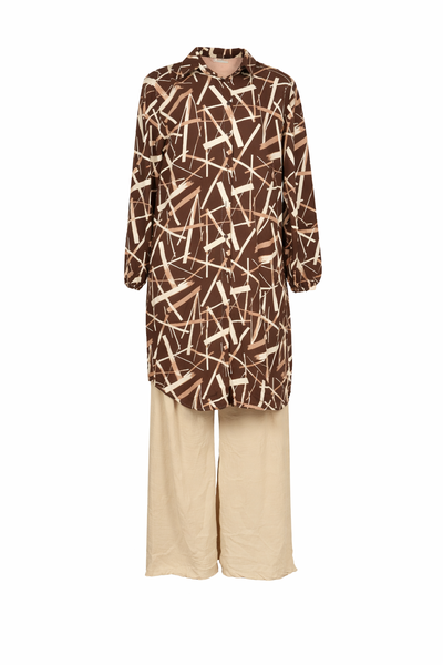 Brown Modern Modest 2-Piece Viscose Pants and Shirt Set with Patterning