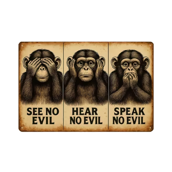 A Metal Aluminum Sign Featuring The Wise Sayings of Three Monkeys