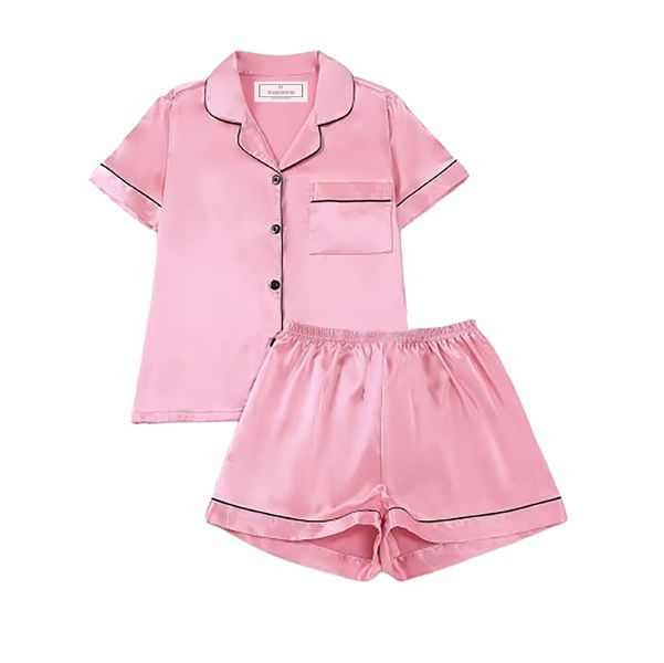 PJ Warehouse Pink Satin Short Top Short Pants Summer PJ Set / Black Piping
