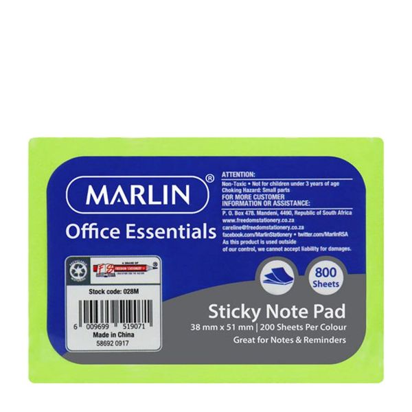 Marlin - Sticky Note Pad 800 Sheet Pad 200 Sheets Per Colour (Pack Of 6)