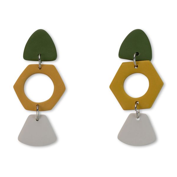 Ginger Handmade -Hanging Earrings -Polymer Clay - Olive Green/Mustard/White