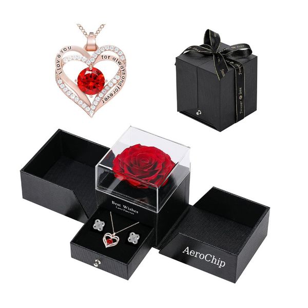Real Preserved Red Rose Necklace and Earrings Gift Box