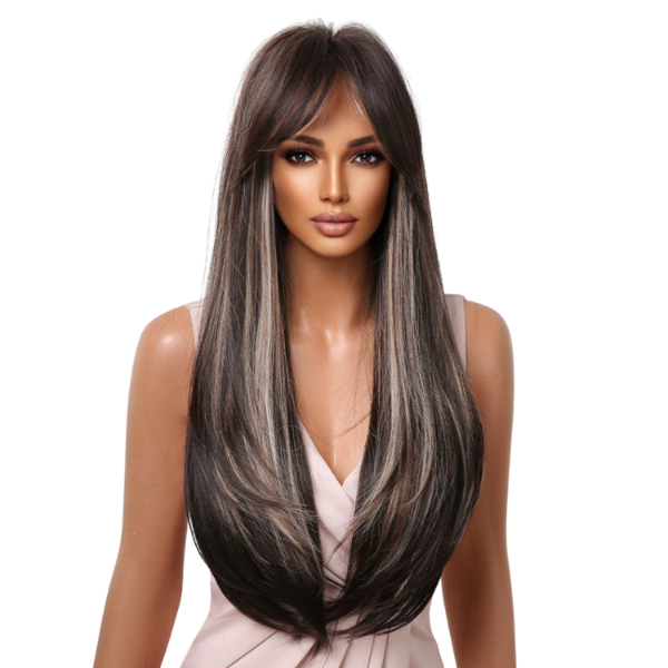 28 -Inch Black Synthetic Wig with Bangs (Blonde Highlights)