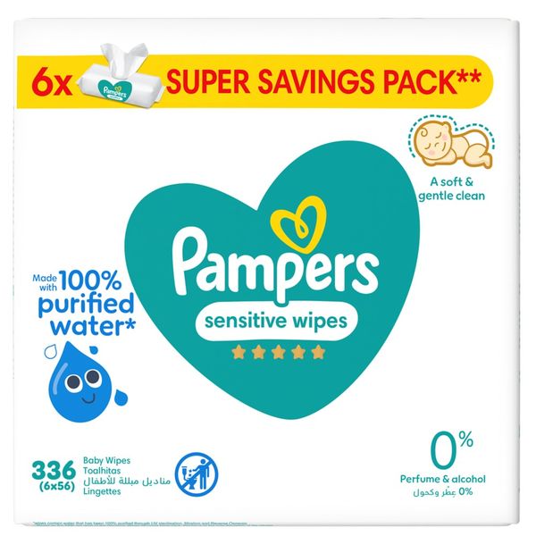 Pampers Sensitive Wipes - 336 (6x56) - 100% Purified Water Wipes