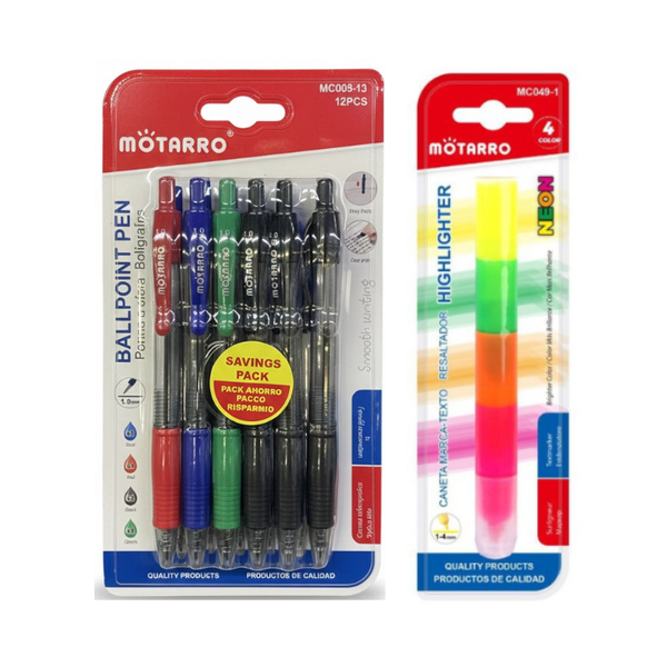 Motarro Stationery Set - 4-in-1 Highlighter Pen &amp; 12 Ballpoint Pens
