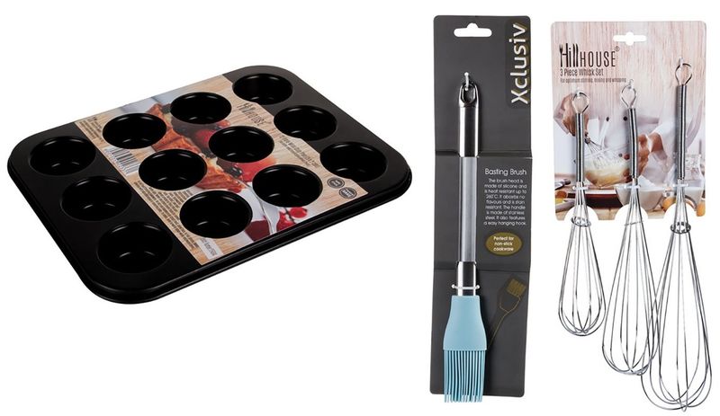 Non Stick Mini Cup Pan 12 Hole + Pastry Brush Silicone + 3pc Whisk 30, 25 &amp; 20cm