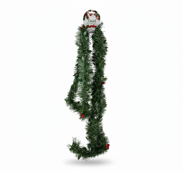 Festive Xmas Garland with Tinsel, Pine &amp; Berries - 1.9 m