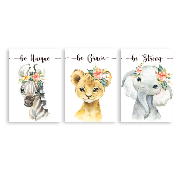 Nursery Wall Art - Baby Animals Be Unique - Canvas Set of 3x A3