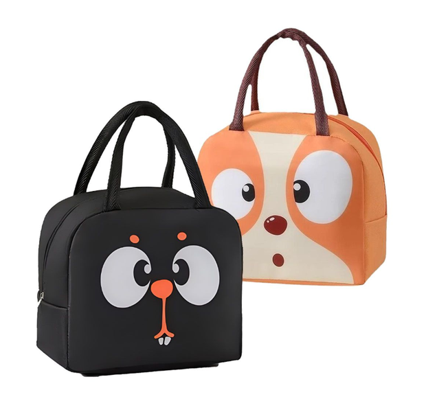 2 Pack Insulated Lunch Bags Cartoon Bento Picnic Tote Bags Black Orange