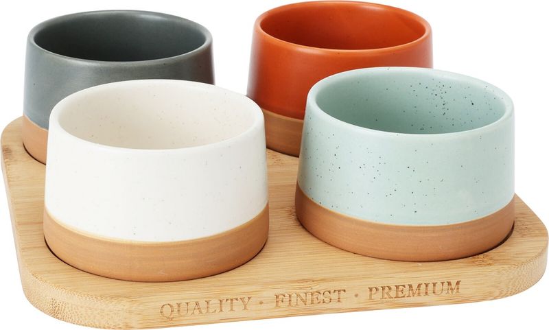 Excellent Houseware 5Pc 4 Assorted Ceramic Bowls on Bamboo Serving Tray