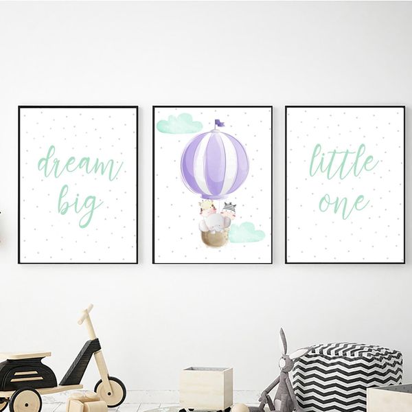 Air Ballon Purple &amp; Mint Dream Big - A4 Canvas -Set Of 3