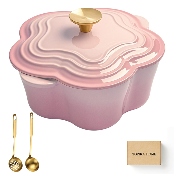 Topika Floral-Shaped Cast Iron Dutch Oven with Lid &amp; Soup Spoon, 20cm, 2L