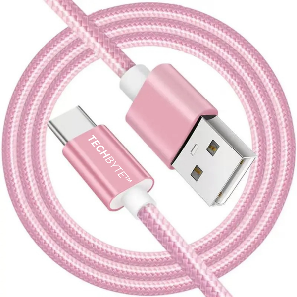TechByte USB-A to USB-C Cable -1m Braided Rapid Charge -Sync &amp; Charge- Pink