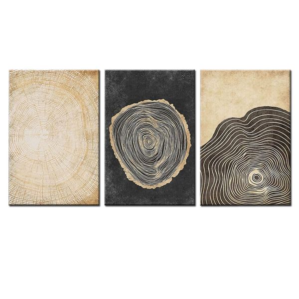 Canvas-Art- 3 Pieces Gold &amp;Grey Tree Ring Abstract Wall Art