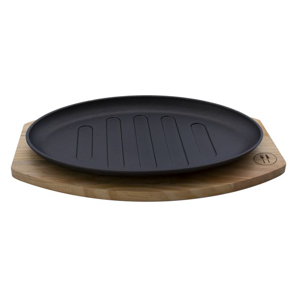 Regent Cookware Cast Iron Oval Steak Plate on a Wooden Board,(315x180x36mm)
