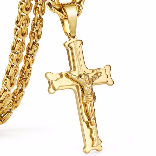 Gold Color Stainless Steel Jesus Cross Pendant Necklace Byzantine Chain