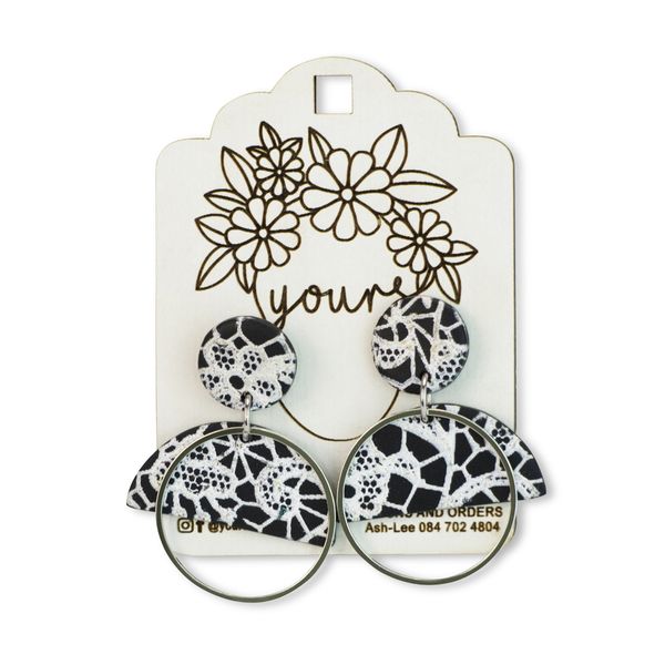 Yours - Earrings - Lace Design -Polymer Clay -Black &amp; White -Silver Accents