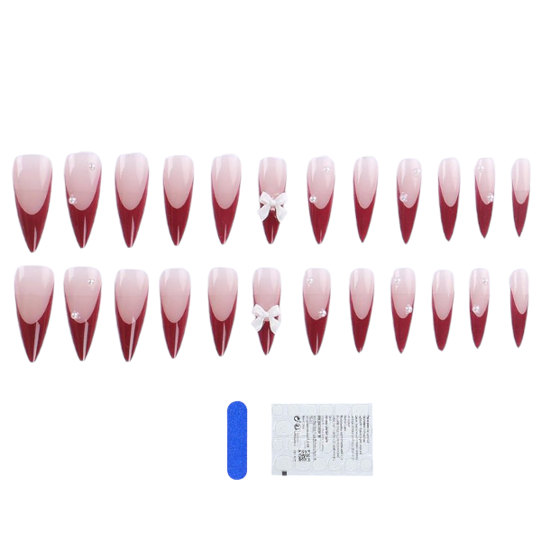 24 Pieces Pearl &amp; Bow Design French Tip Press-On Nail Set - Maroon