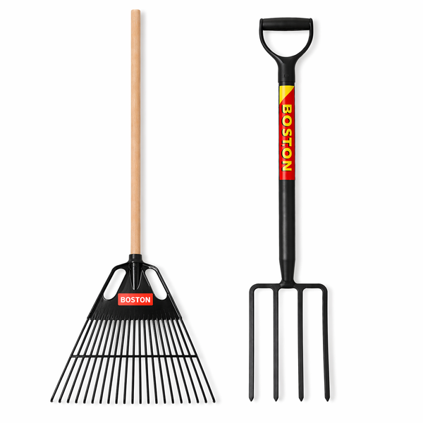 BOSTON Garden Fork and Leaf Rake Set D Handle Heavy Duty Combo