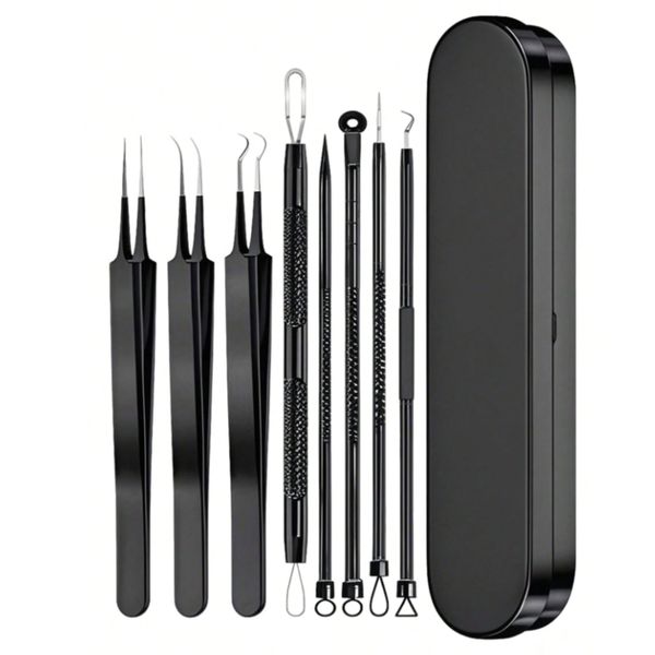 8 Piece DermaClear Face Blackhead &amp; Acne Pimple Extraction Tool Set Black