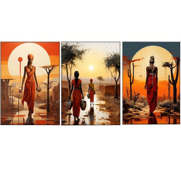 Canvas Art - 3 Pieces African Desert Elegant Woman Abstract Wall Art