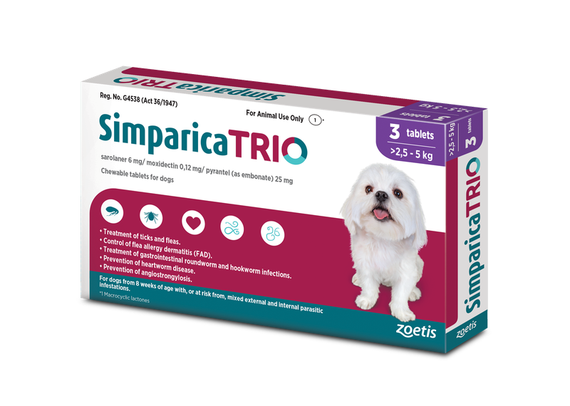 Simparica Trio 2.6 - 5kg (Ticks, Fleas and Deworming)