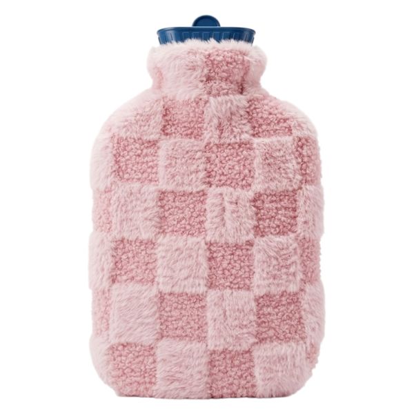 2L Large Soft Sherpa Fluffy Checkered Plush Fleece Hot Water Bottle