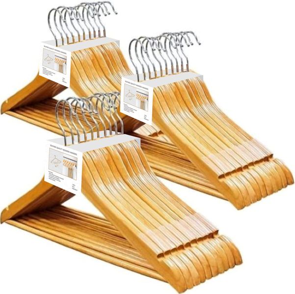 Selphies Quality Wooden Hanger Clothes 30 Packs Non-Slip Bar Swivel Hook