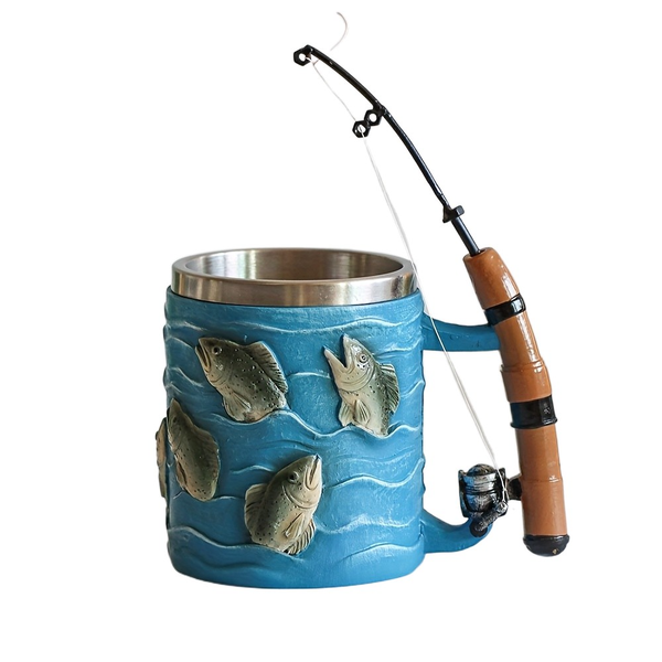 Stainless Steel Fishing Mug With 3D Fish And Rod Handle, Gift For Anglers
