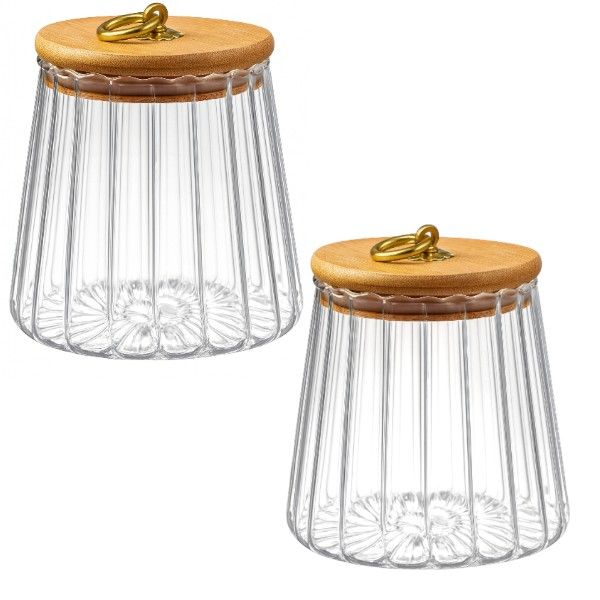 Airtight Transparent Ribbed Glass Tea Storage Jar with Bamboo Lid - 2 Piece