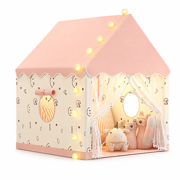Kids Pink Play Tent House with Warm Fairy Lights, Curtain Door, Soft Fabric